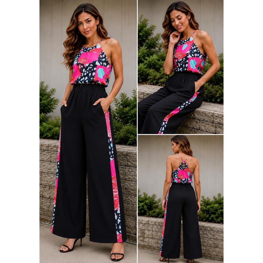 Crosby by Mollie Burch Abstract Print Wide Leg Halter Jumpsuit Black Pink Small